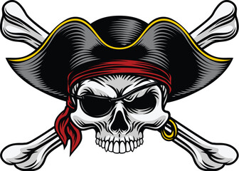 Pirate skull crossbones wearing a tricorn captain hat with crossing bones. In a vintage retro woodcut style.