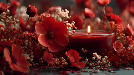 Burning Red Candle Surrounded by Red Flowers and White Sprigs