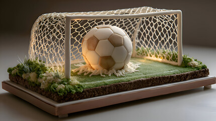 Soccer Ball in Decorative Goal Cake with Green Grass Base and White Net