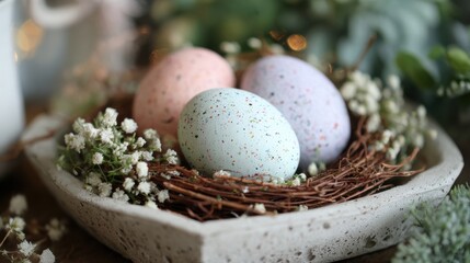 Obraz premium Colorful eggs in a nest surrounded by flowers on a wooden table