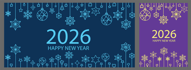 Happy new year 2026 greeting card, poster and banner design set featuring elegant line art ornament, festive star, snowflakes, and decorative hanging elements. Minimal, trendy, vibrant holiday design.