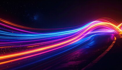 Vivid, flowing lines of neon light streak across a dark, starry backdrop