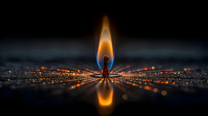 Glowing Candle Flame on Dark Reflective Surface with Orange Bokeh