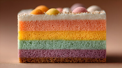 Colorful Layered Cake with Pastel Toppings on Brown Background
