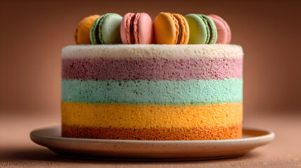 Colorful Layer Cake Topped with Macarons on Plate - Delicious Dessert