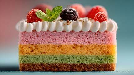 Colorful Layered Cake with Strawberries and Cream on Light Blue Background