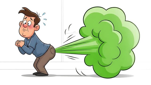 Cartoon Man Expressing Embarrassment While Passing Gas with Green Cloud Animation Sequence