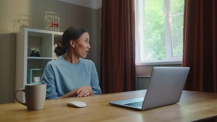 Woman see middle finger remote, obscene hand gesture from laptop screen. Person visit suspicious phishing scam website. Online gambling fail. Work failure. Funny joke, humor. Internet fraud.