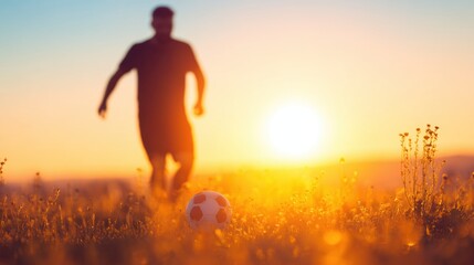 Man plays soccer during sunset in a grassy field