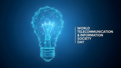 Glowing blue wireframe lightbulb on dark blue background with text technology