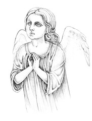 Watercolor black and white drawing of a praying angel , elegant and emotional spirit art for condolence cards, spiritual inspiration, memorial stationery, or remembrance program cover.