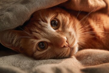 domestic cat lying under a blanket