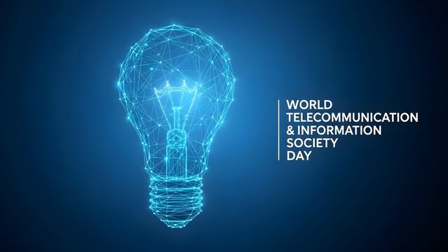 Glowing blue wireframe lightbulb on dark blue background with text technology