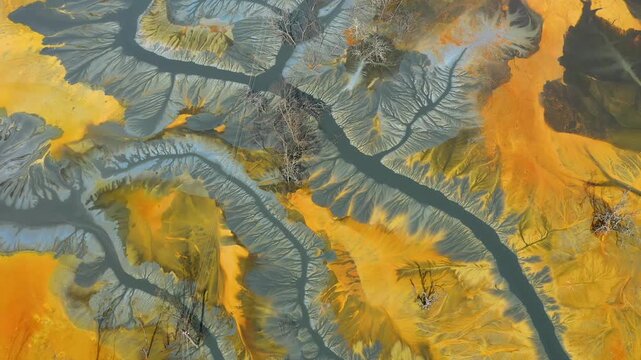  Surreal aerial view of colorful chemical mine waste waters. Nature pattern, environmental pollution