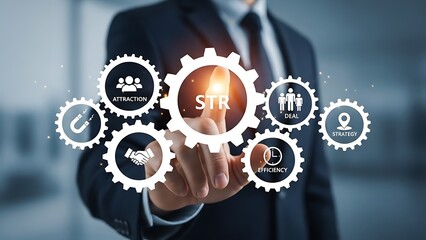 Business professional interacting with digital gears representing strategy and technology integration for modern solutions