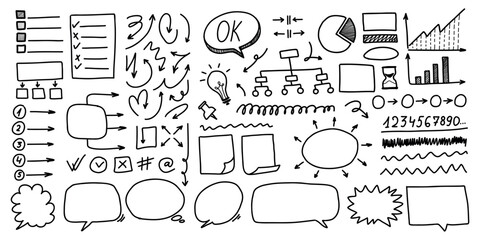 Collection of hand drawn infographic and doodle elements including arrows, checklists, speech bubbles, flowcharts, graphs, numbers, and symbols in black on white background