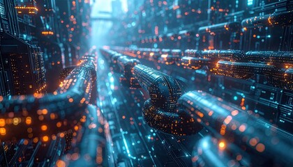 Futuristic digital chain structure with glowing links and data pathways, blurred background