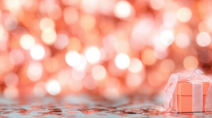 Small gift box on shiny background with pink bokeh lights in soft focus