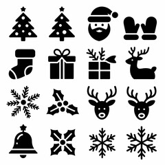 Naklejka premium Christmas Icon Set: A collection of meticulously crafted, elegant black icons, perfect for any holiday season project, featuring essential symbols of festive cheer and celebration. 