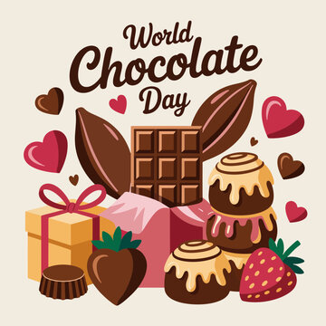 Sweet Indulgence: Celebrate World Chocolate Day! A delightful array of chocolate treats, from decadent truffles and hearts to cacao pods.