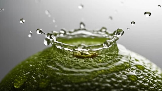 Close up of water splashing on a ripe avocado creating a crown effect.