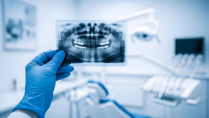 Fototapeta premium Hand in blue glove holding dental x ray in brightly lit clinic panoramic x ray teeth