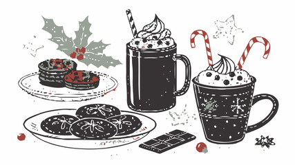 Cozy winter indulgence featuring rich hot chocolate mugs, festive cookies, and holiday sweets perfect for Christmas marketing
