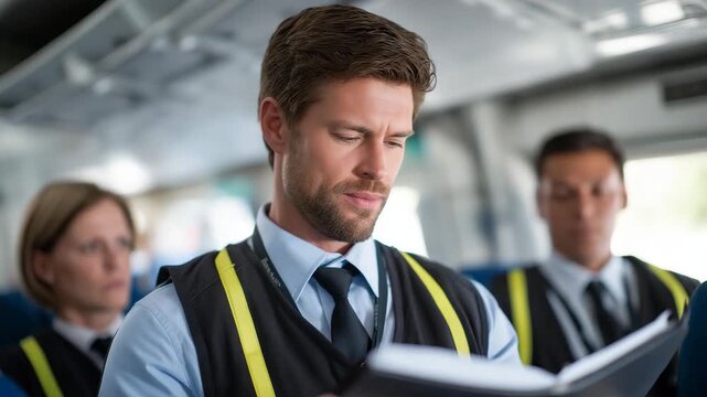 Airline crew reviewing pre-flight safety protocol with focus and discipline, symbolizing passenger protection, aviation standards, and strict adherence to international regulations. cinematic color
