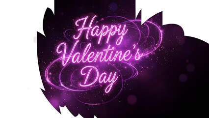 Neon glowing happy valentines day text on a dark purple abstract background