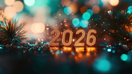 Bright golden numbers 2026 created with sparkles against a blurred background of colorful lights. A festive atmosphere indicating New Year celebrations.