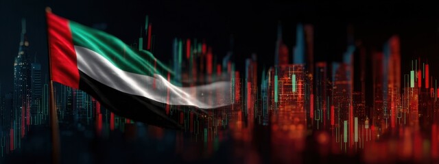 Flag of United Arab Emirates in front of city skyline with trading chart design at night