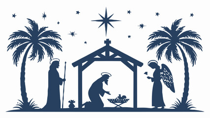 Serene Nativity scene silhouette with star, angel, and palm trees, celebrating the birth of Jesus in a peaceful stable setting.