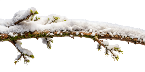 tree branch covered with snow isolated on white background ,PNG.AI Generated.