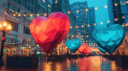 Colorful heart sculptures dangle over a city street at night