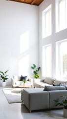 Fototapeta premium Generative AI depiction of a bright modern living room with large windows and minimalistic decor