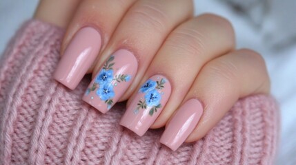 Nail art design with pink base and blue floral patterns on a hand