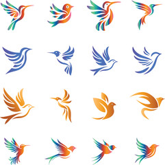Naklejka premium Colorful abstract bird logo collection featuring modern flying hummingbird and dove vectors for creative corporate branding.