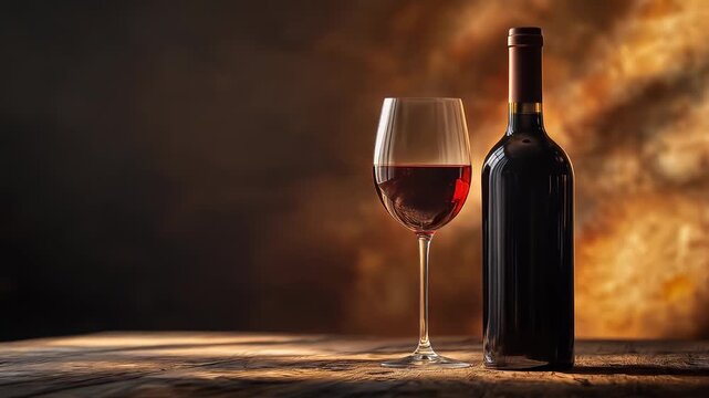 A Full Bottle Of Red Wine Beside A Crystal Glass Filled With Red Wine On A Wooden Surface With A Warm Blurred Background