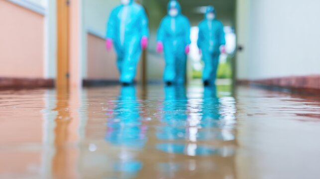 Health workers walking through flooded hallway in protective suits - Powered by Adobe
