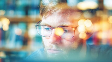 Focused person with glasses studies computer screen in library setting