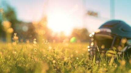 Football helmet on grass during sunset at a sports field
