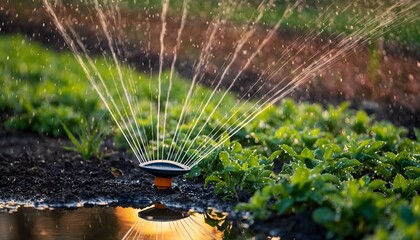 Gardening sprinkler watering plants in a lush green field during a sunny day