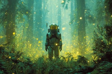 astronaut in dreamlike forest, glowing atmosphere
