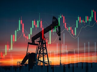 Oil pump jack silhouette with financial stock market data overlay at sunset