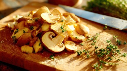 Chopping mushrooms and herbs on a wooden cutting board in a kitchen