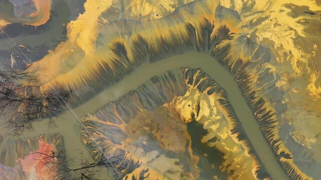  Surreal aerial view of colorful chemical mine waste waters. Nature pattern, environmental pollution