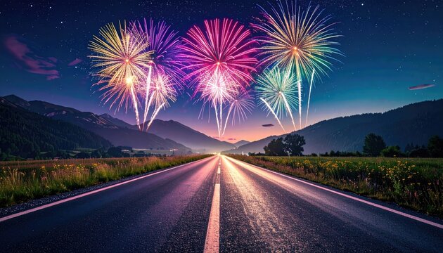 Fototapeta Road leading towards mountains under a vibrant night sky with bursting fireworks