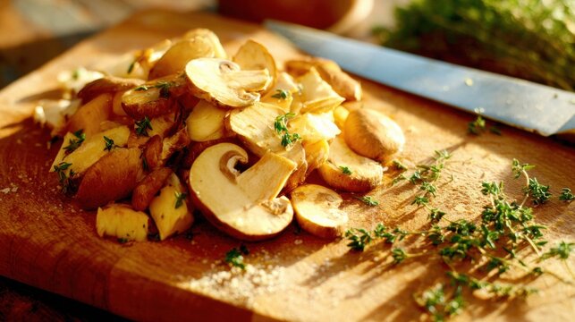 Chopping mushrooms and herbs on a wooden cutting board in a kitchen - Powered by Adobe