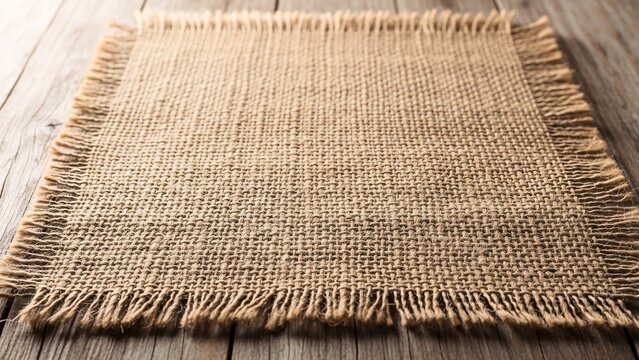 Burlap placemat with frayed edges on a rustic wooden table, showcasing natural texture and a handmade aesthetic