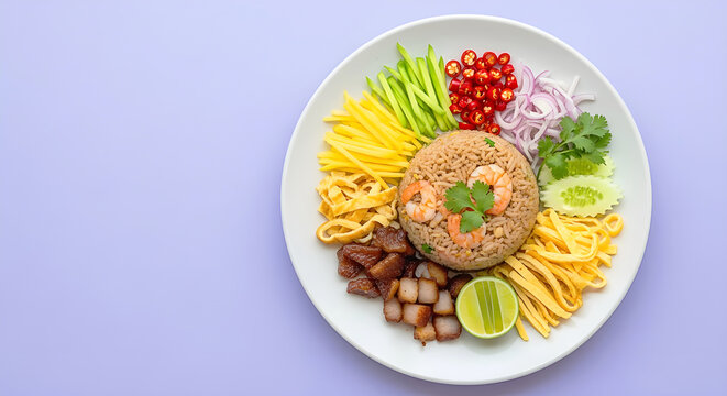 Khao Kluk Kapi with colorful toppings arranged neatly-mango No4